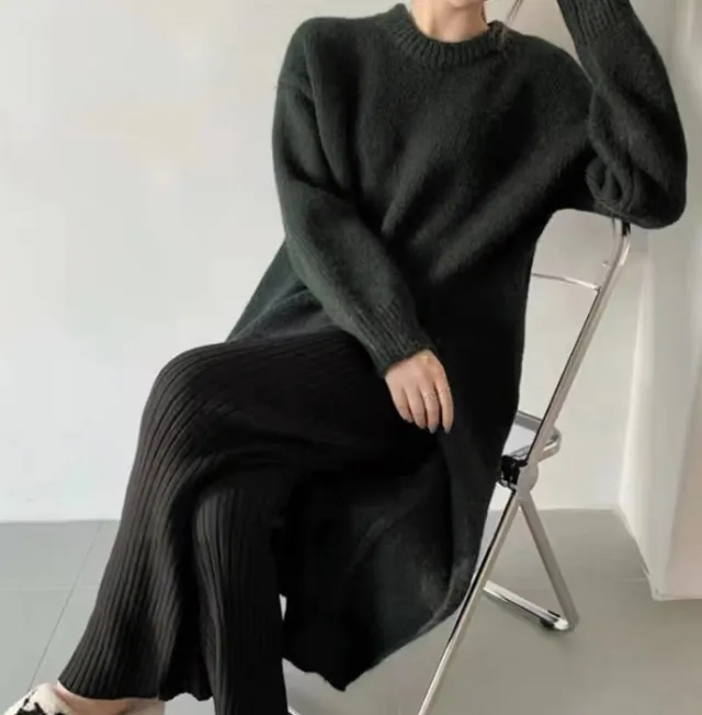 Loose And Idle Pullover Side Slit Over The Knee Knitted Sweater Dress Black - Shop at LoveMi