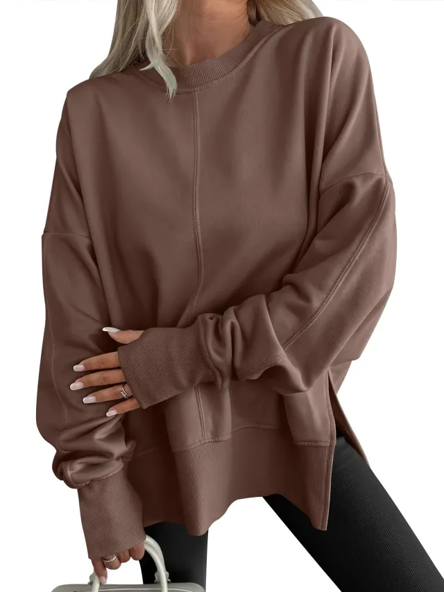 Fashion Casual Round Neck Pullover Loose Sports Long sleeved Sweater Brown - Shop at LoveMi