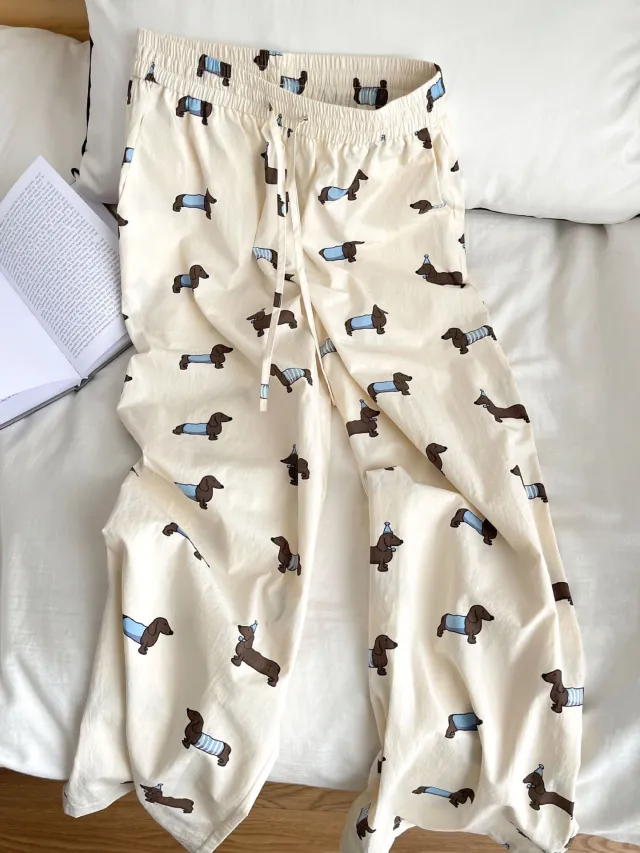Korean Style Cute Lazy Sausage Dog Pajama Pants Women's Summer Thin New Loose Long Walking Can Be Worn Outside Home Pants White - Shop at LoveMi