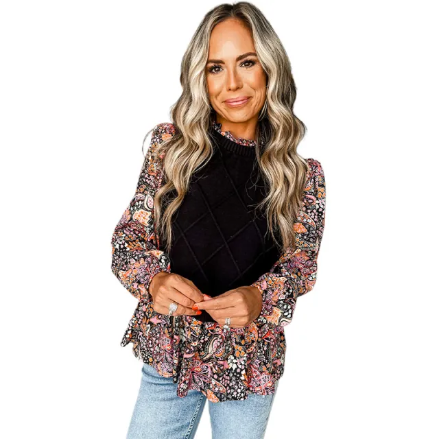 Floral Print Splicing Pullover Sweater Women Loose Contrast Color Long Sleeves Top Women Lc2724346 Black - Shop at LoveMi