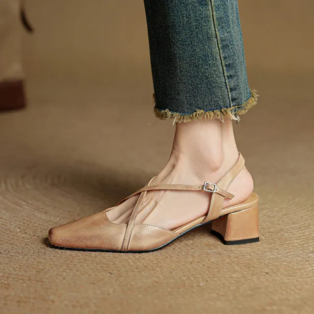 Women's Tendon Soft Bottom Mid Heel Sandals Closed Toe Casual Apricot - Shop at LoveMi