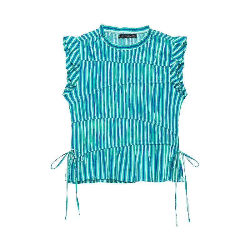 Autumn New Arrival French-style Sweet Lace-up Striped Layered Casual Top