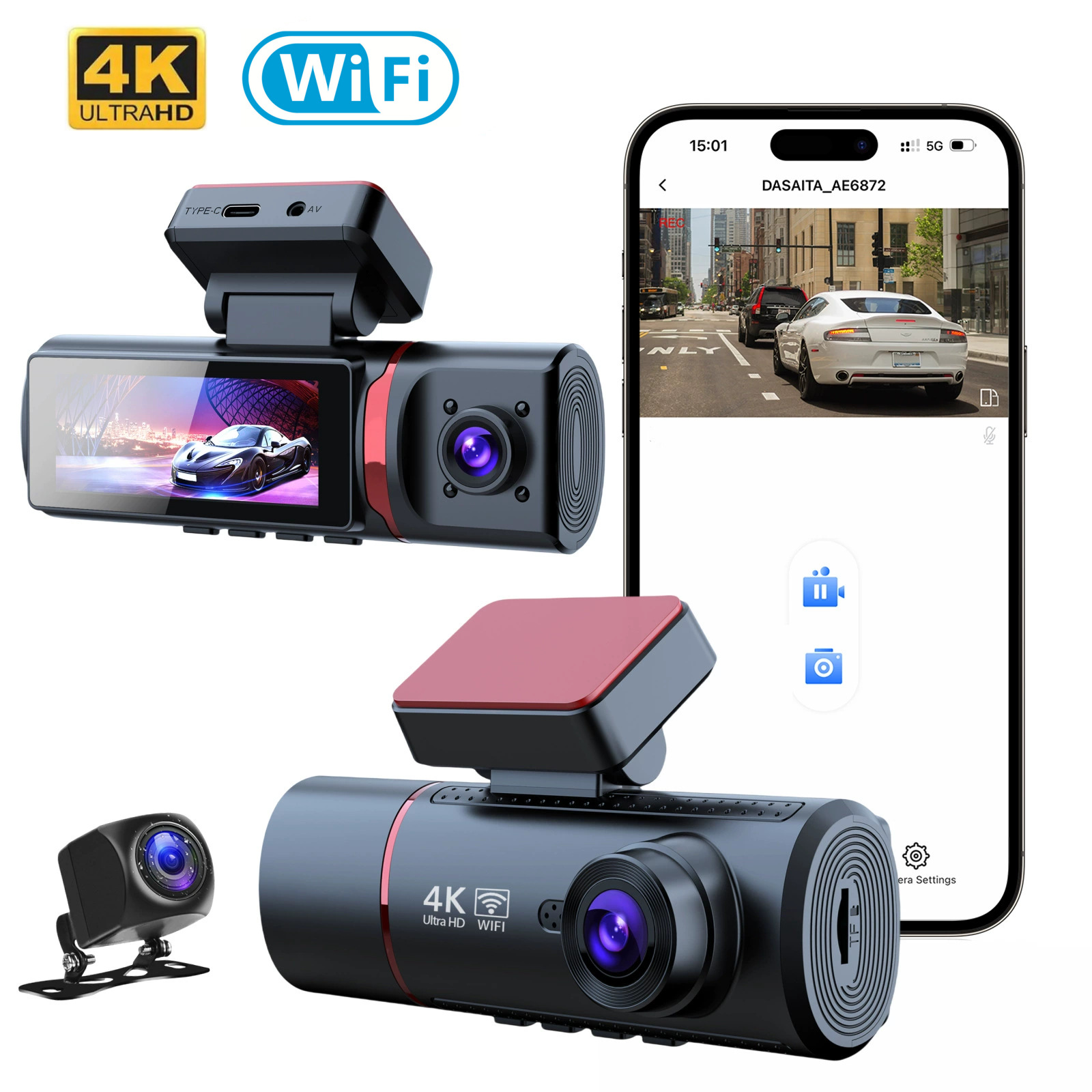 Driving Recorder 4K HD Front And Rear Three Recording WIFI Mobile Phone Interconnection - Image 2