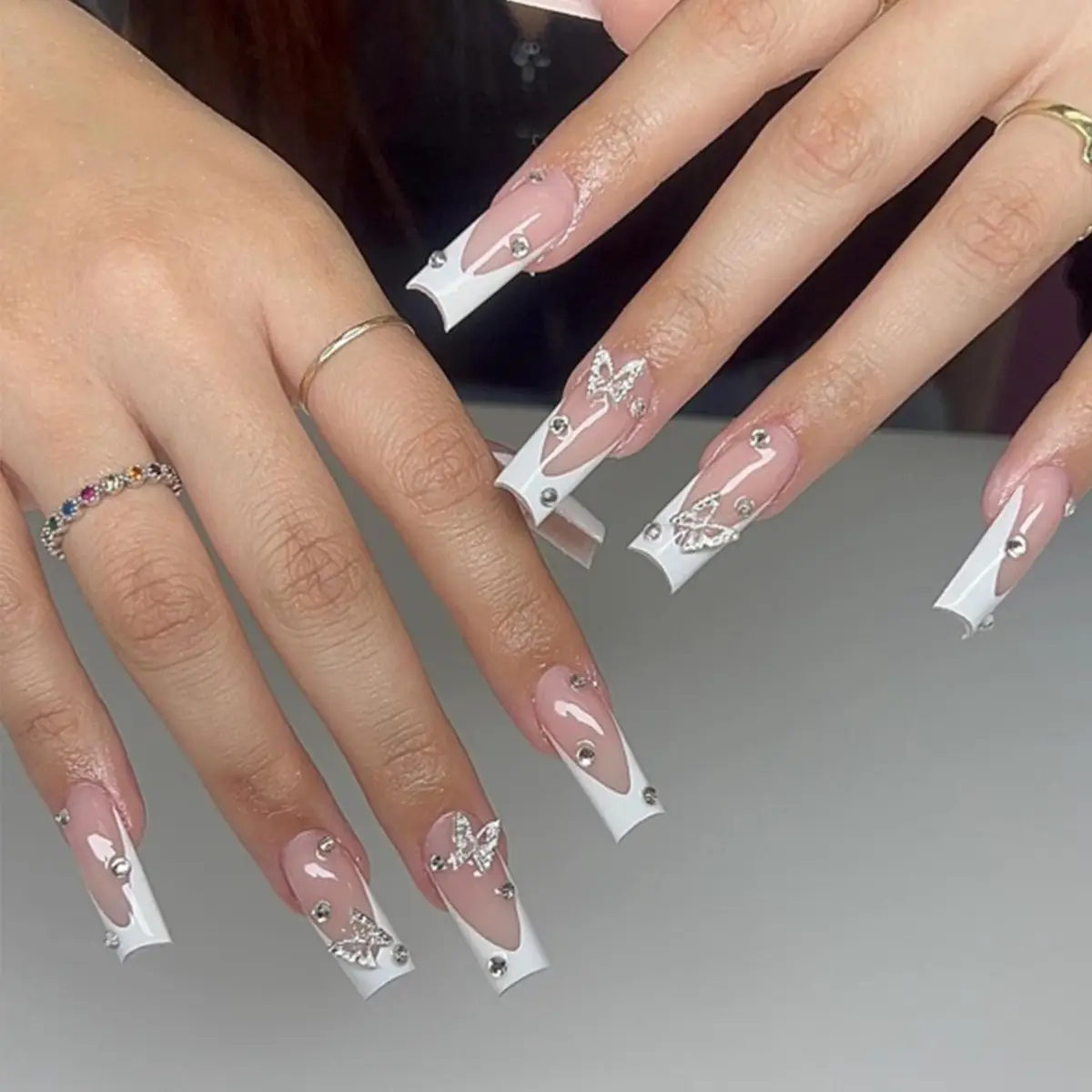 Wear Nail Finished White French Three-dimensional Butterfly Diamond