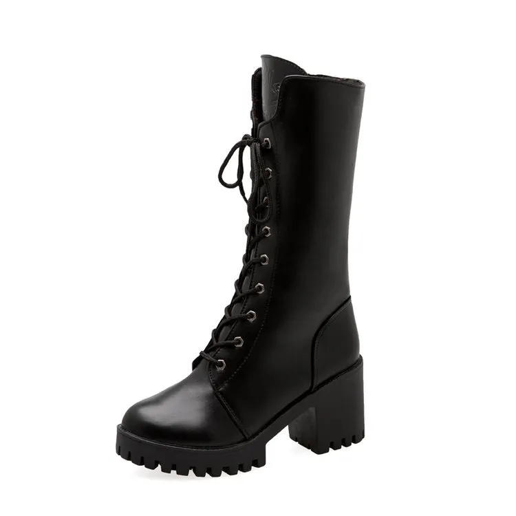 Thick Bottom Increased By Lace-up Booties All-match Middle Tube Motorcycle Boots - Black