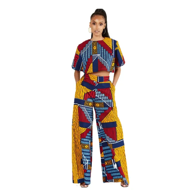 Summer Suit Women's Casual Ethnic Style Women's Fashion Short Sleeve Two piece Wide Leg Color M - Shop at LoveMi