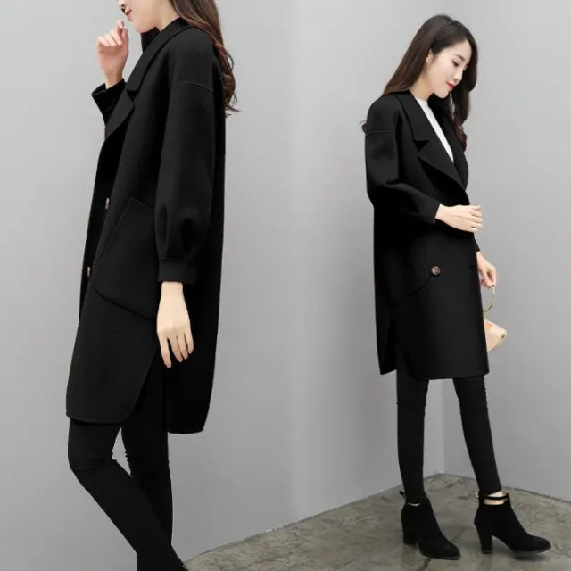 Purple Woolen Coat Women's Mid length Lantern Sleeve Black - Shop at LoveMi