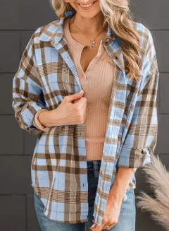 European And American Plaid Shirt Spring And Autumn Fashionable Loose All-match Long Sleeve Single-breasted Lapel Shirt - Blue - View 1
