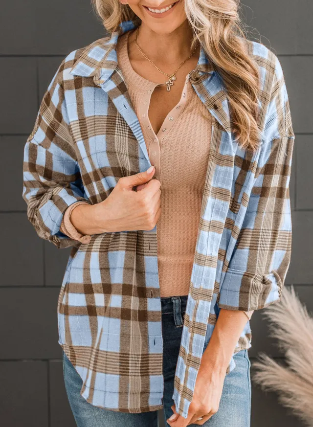 European And American Plaid Shirt Spring And Autumn Fashionable Loose All match Long Sleeve Single breasted Lapel Shirt Blue - Shop at LoveMi