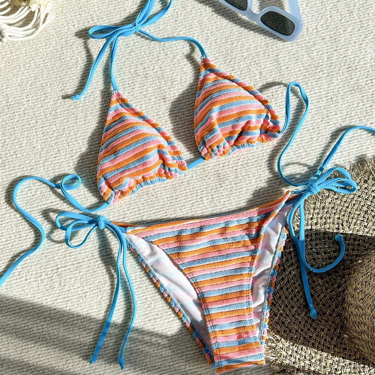 Jacquard Striped Colorful Tied Two-piece Thong Bikini