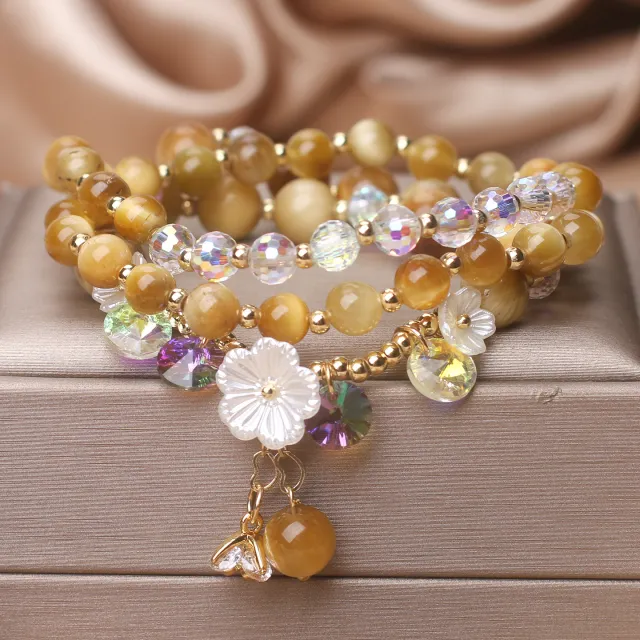 New Gold Tiger Eye Multi ring Winding Bracelet Female Light Luxury Flower Tassel - Shop at LoveMi