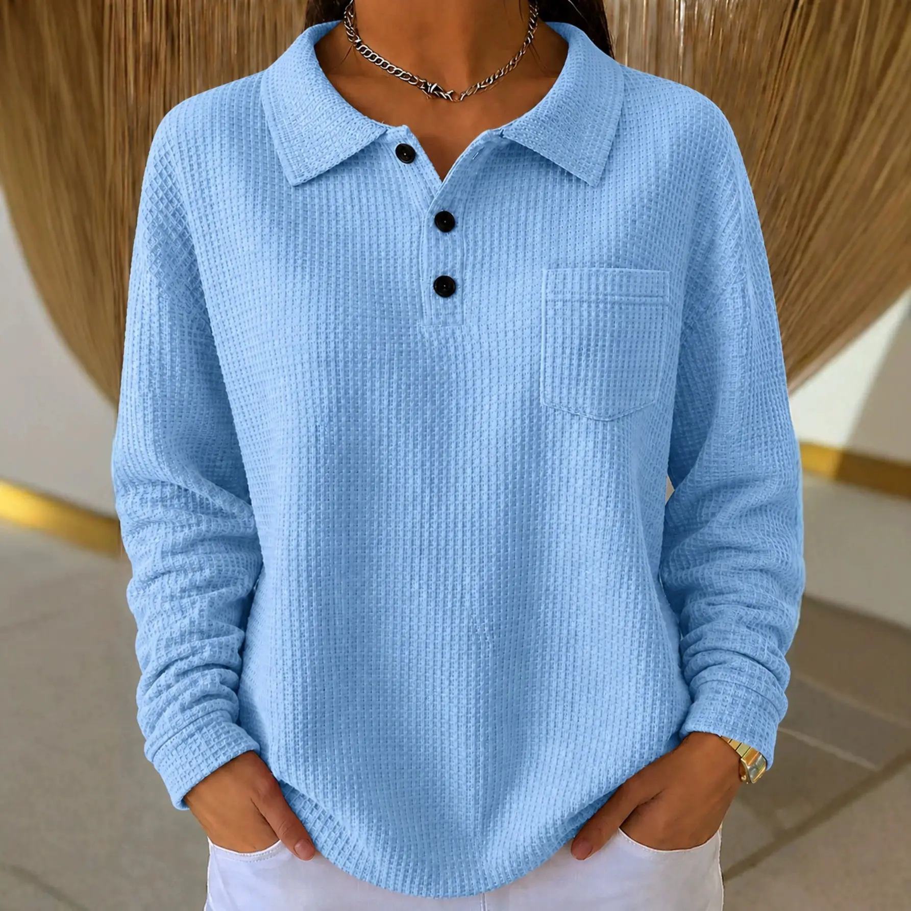 Solid-color Long-sleeve Waffle-knit Relaxed-fit Top