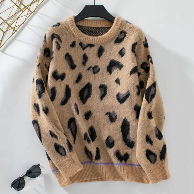 Women's Fashion Leopard Jacquard Brushed Sweater Coat Khaki - Shop at LoveMi