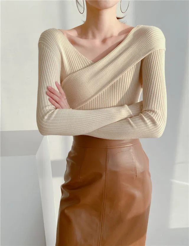Crossbody Off the shoulder V neck Cross wire Knitted Sweater Apricot - Shop at LoveMi