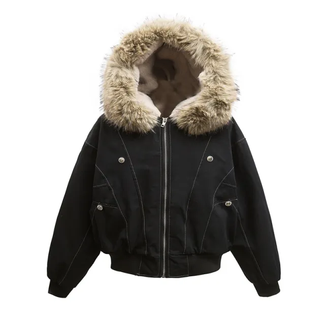 High Street Line Splicing Fur Collar Hood Cotton Coat Jacket Black - Shop at LoveMi