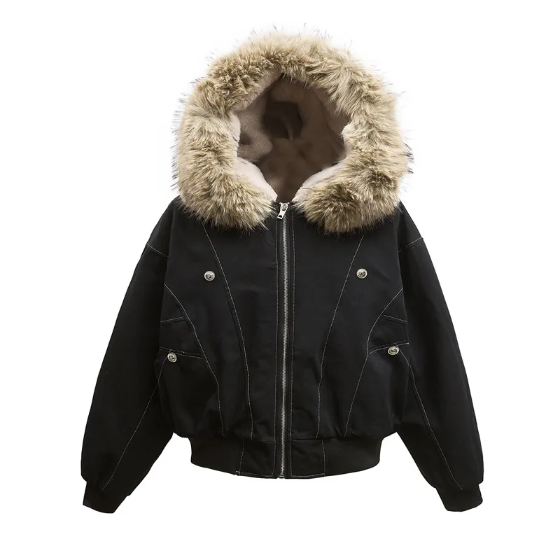 High Street Line Splicing Fur Collar Hood Cotton Coat Jacket - Black