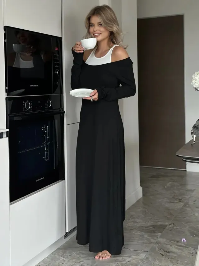 New Long Sleeve Stitching Fake Two piece Vest Temperament Dress Black - Shop at LoveMi