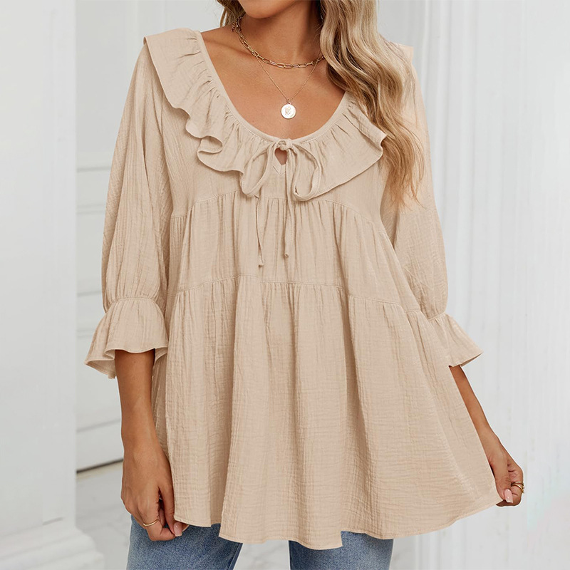 Round Neck Tied Front Dart Multi-layer Loose Waist Shirt