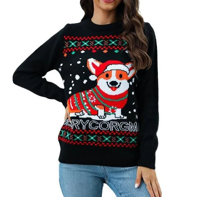 Dog Pattern Jacquard Pullover For Women Red With Light - Shop at LoveMi