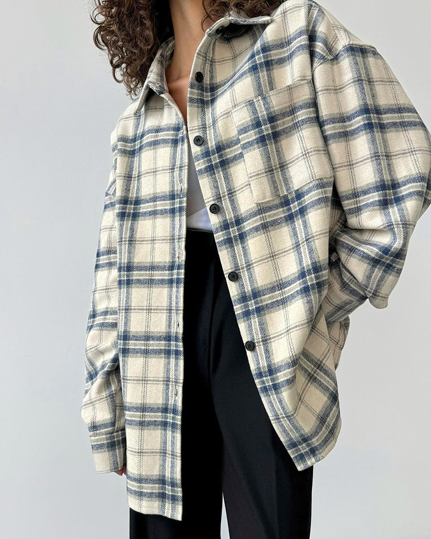 Title 2, Lapel Loose Plaid Long Sleeve Shirt