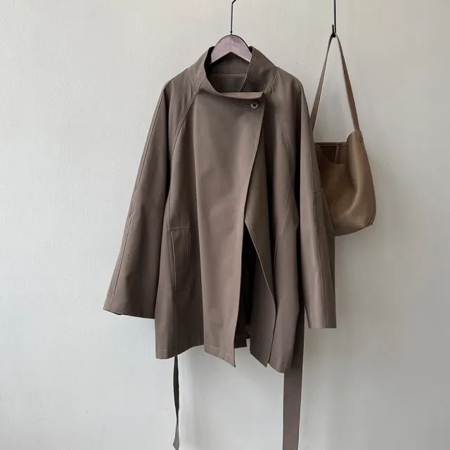 Retro Mid length Windbreaker Women's Loose Waist Stand Collar Coat Coffee - Shop at LoveMi