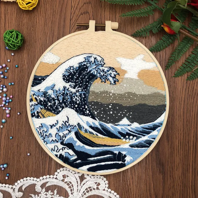 Embroidery Diy Material Package Beginner Manual Basic Kit The Great Wave Off Kanagawa - Shop at LoveMi