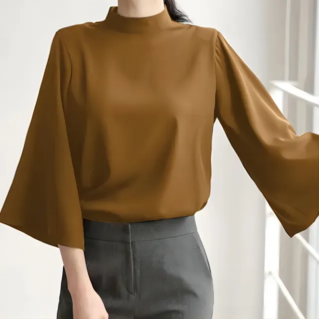 Spring And Summer Stand up Collar Puff Sleeve Casual Shirt Tan - Shop at LoveMi