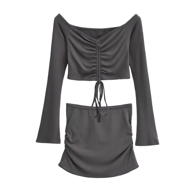 Solid color Drawstring Pleated Wrap Skirt And Top Set For Women Gray - Shop at LoveMi