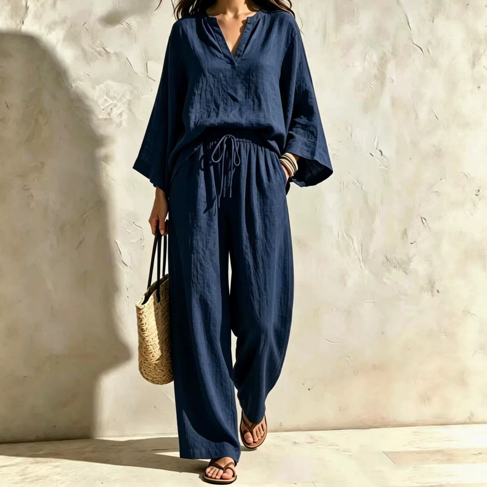 Loose-fit V-neck Long-sleeve Top And High-waisted Pants Two-piece Set product image