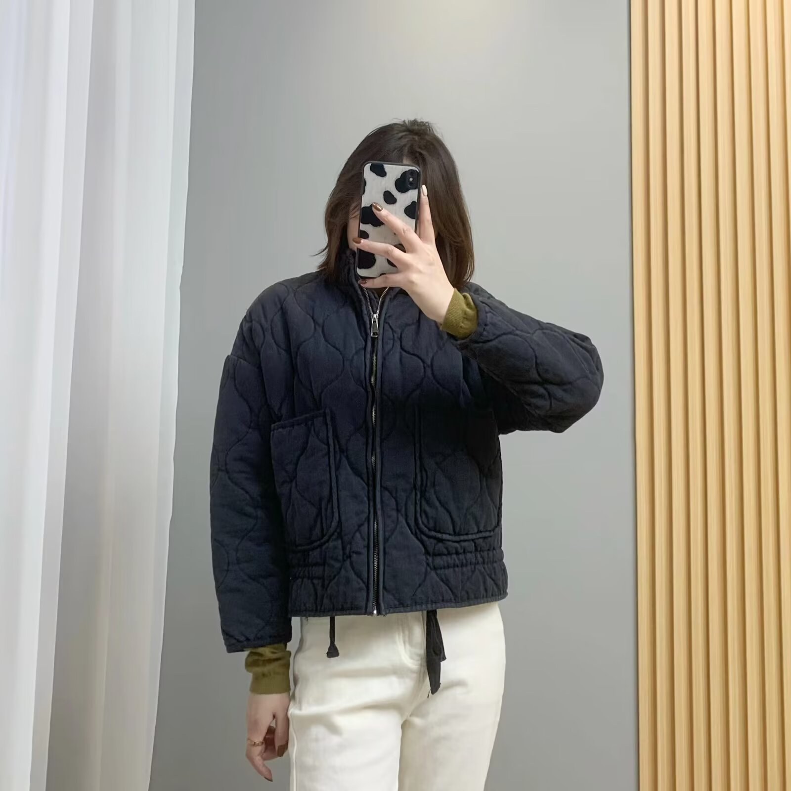 Winter Washed Cotton Jacket With A Diamond-Pattern Stand Collar