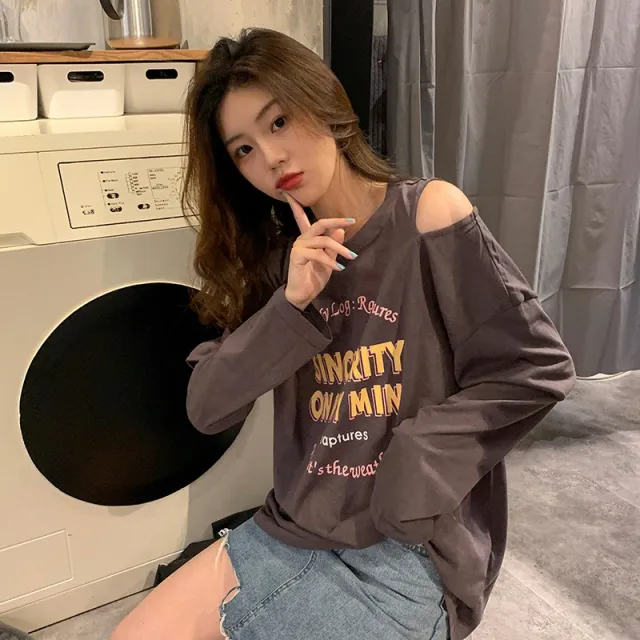 Off the shoulder Design New Autumn Long Sleeve T shirt Dark Gray - Shop at LoveMi