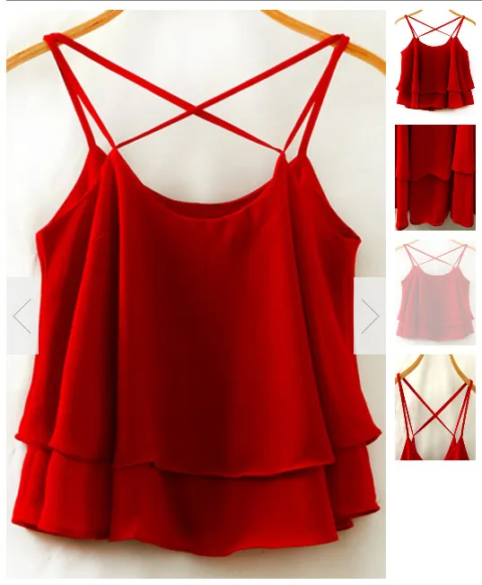Solid Color Elegant Ruffle Double layer Chiffon Camisole Casual All matching Tops Red - Shop at LoveMi