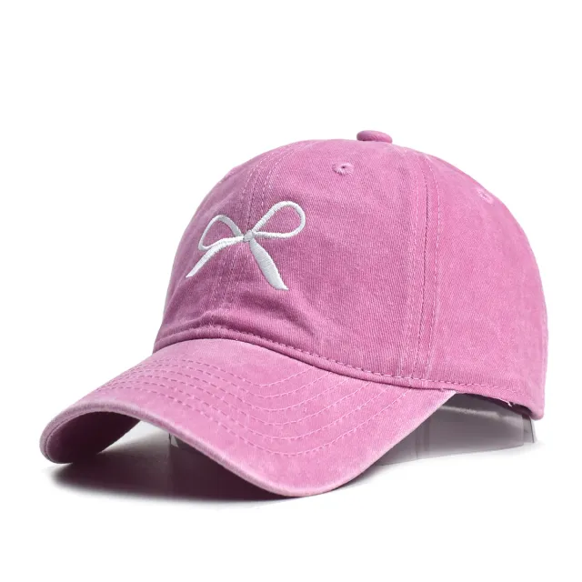 Retro Washed Distressed Bowknot Embroidered Baseball Cap For Women Pink - Shop at LoveMi