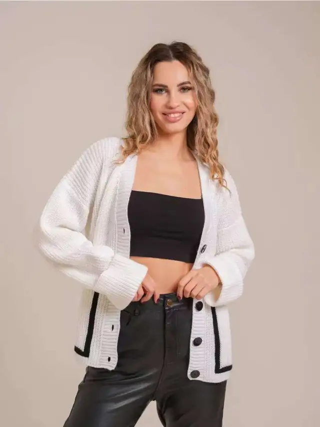 Loose fitting V neck Pocket Contrast Color Knitted Cardigan Sweater Coat White - Shop at LoveMi