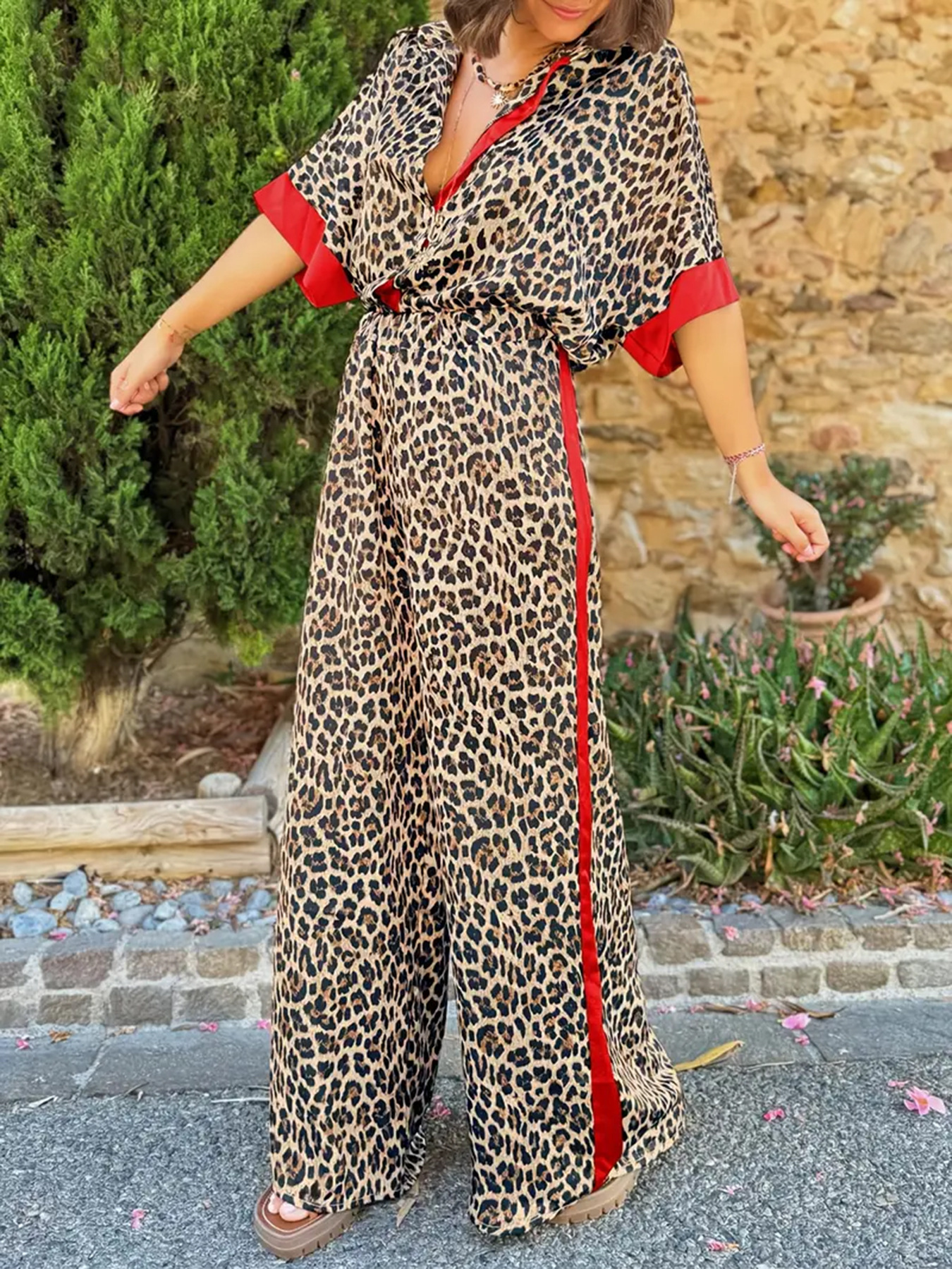 Fashion Leopard Print Half Sleeve Versatile Two-piece Set Suit