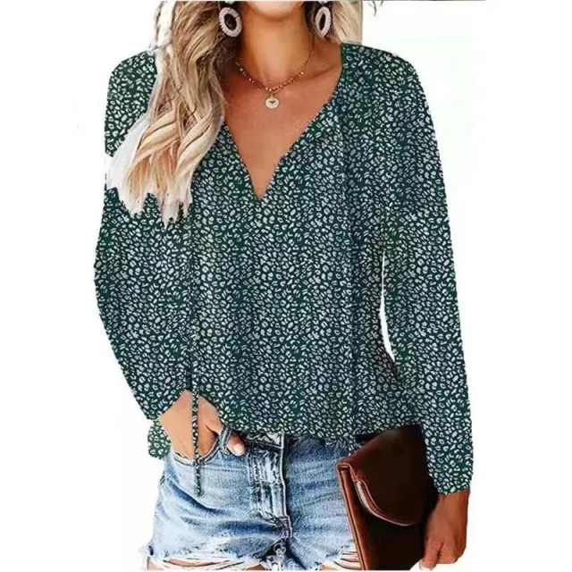 Floral Casual V neck Chiffon Shirt Loose And Simple Dark Green Long Sleeve - Shop at LoveMi