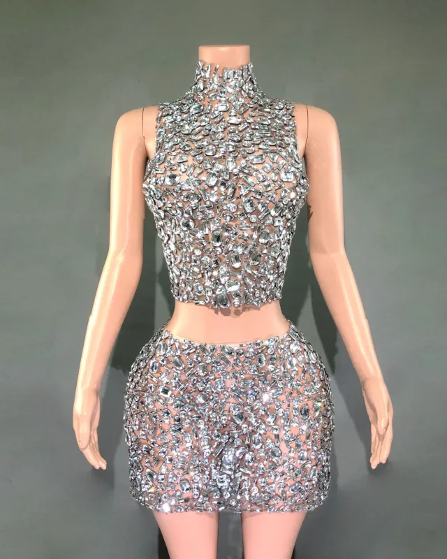 Catwalk Banquet Two piece Set Full Diamond Luxury Rhinestone Waist Slimming Sheath Short Gowns Style 1 - Shop at LoveMi