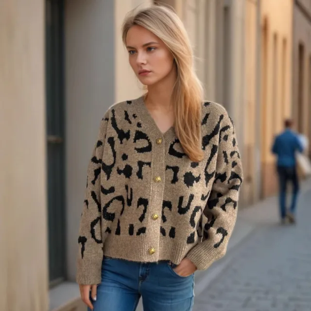 Women's Leopard Print Short Sweater V neck Casual Knitted Cardigan Top Khaki - Shop at LoveMi