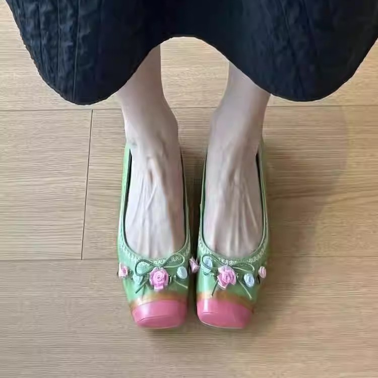 Square-toe Low-cut Womens Elevator Shoes With A Bow Slip-on Flat-soled Womens Shoes
