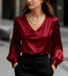 French-style Elegant And Sophisticated Satin Long-sleeve Blouse With Bubble Sleeves And A V-neck - Red - View 1