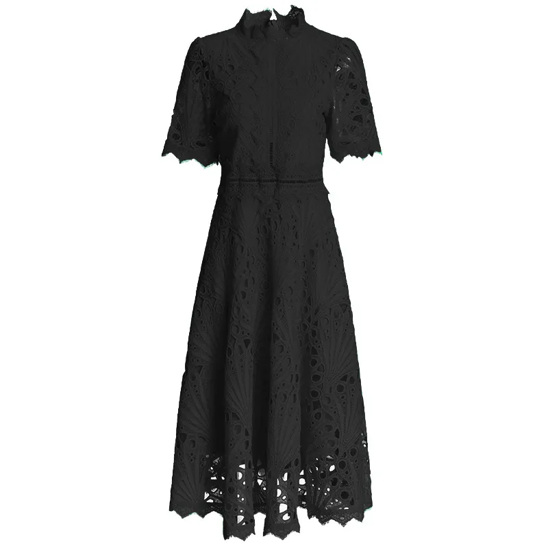 Retro Cinched Slimming Short Sleeves High Sense Dress - Black