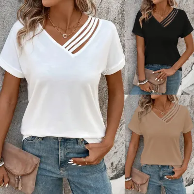 Summer V-neck Short Sleeve Shirt Summer Lightweight Blouse Women's Clothing