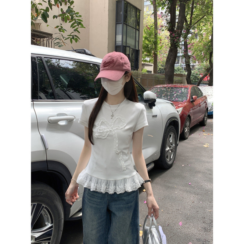 Women's Fashion Lace Edge Stitching Hem Bow Top