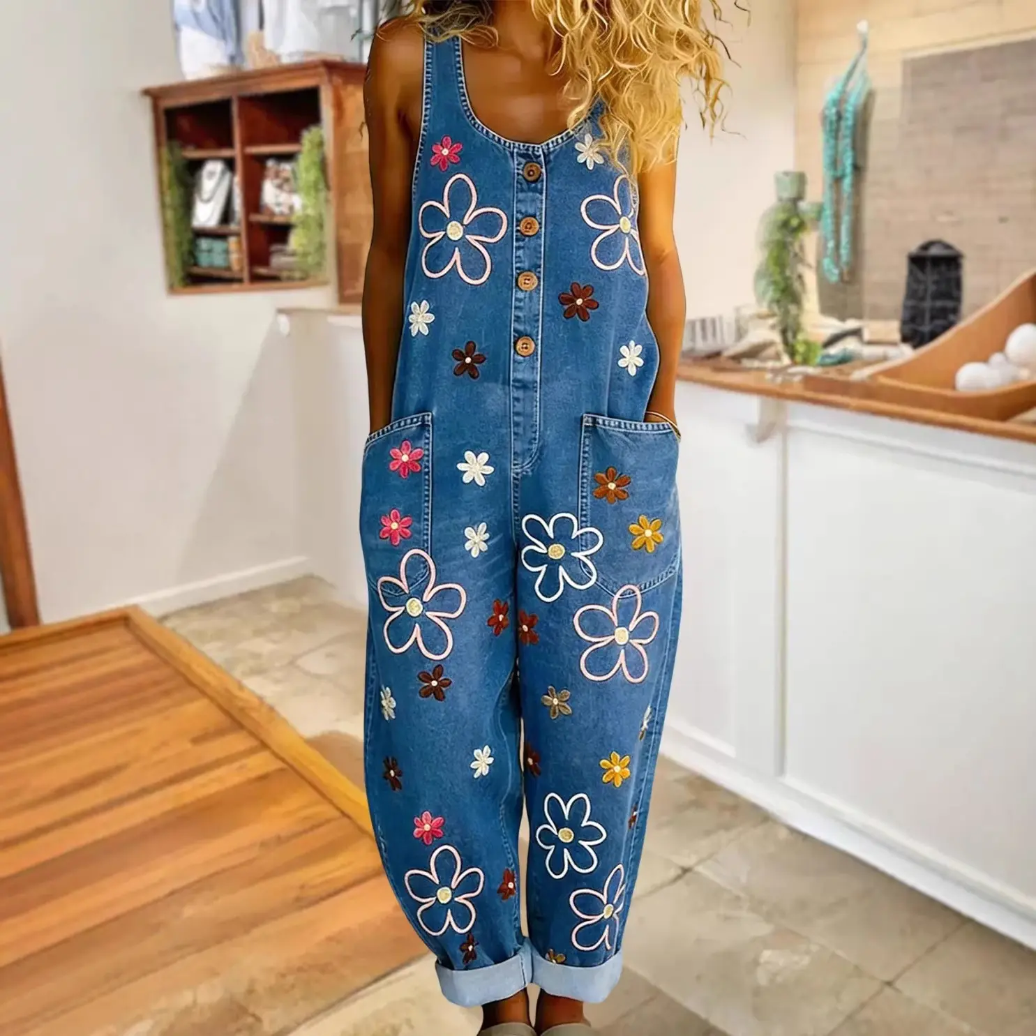 Retro-style Fashionable Wide-leg Faux Denim Overalls