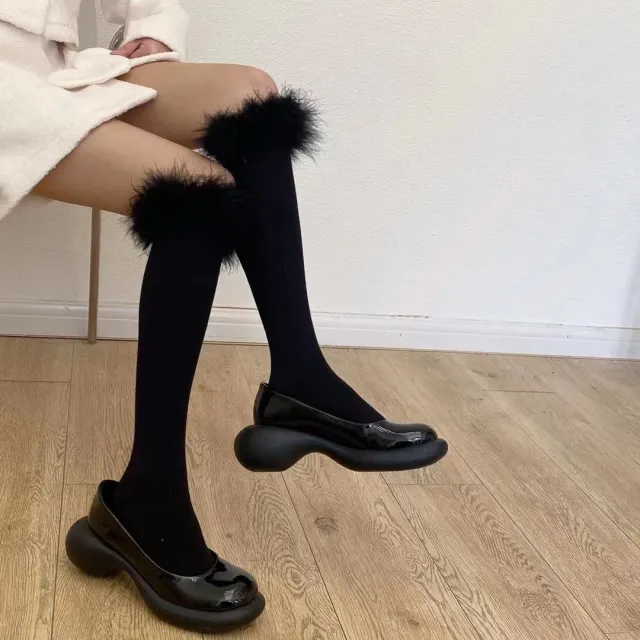 Feather Lace Cotton Mid calf Length Socks Girl Calf Socks Black - Shop at LoveMi