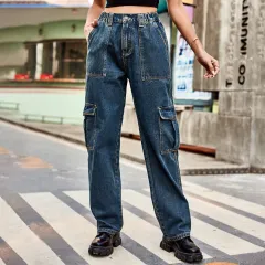 Denim Semi-elastic Design Personality All-match Female - Denim Side Pocket Dark Blue - View 1