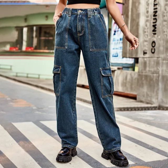 Denim Semi elastic Design Personality All match Female Denim Side Pocket Dark Blue - Shop at LoveMi