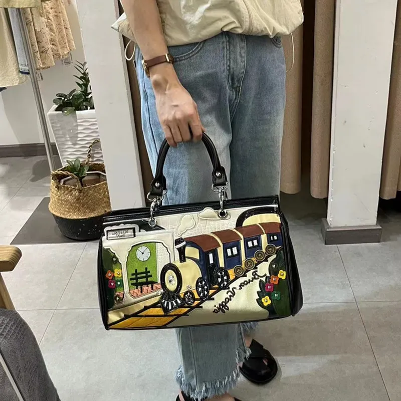 Women's Bag Fashion Stitching Embroidery Embroidered Bag - Black