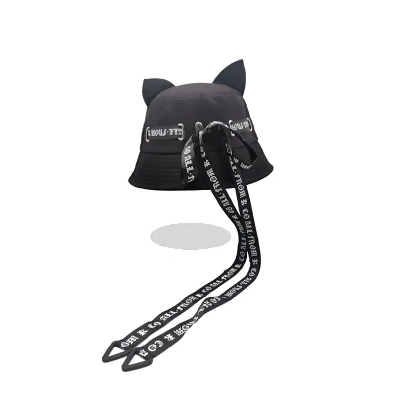 Cat Ears Girl Ribbon Bucket Hat - Black 5 Streamers