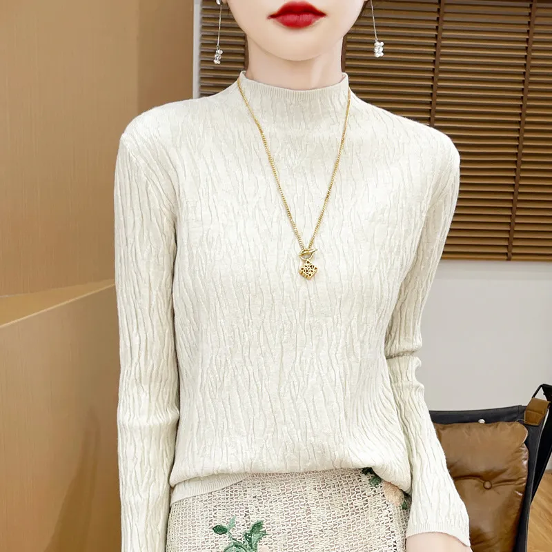 Knitted Jacquard Long-sleeved Sweater For Women As Base Layer - Beige
